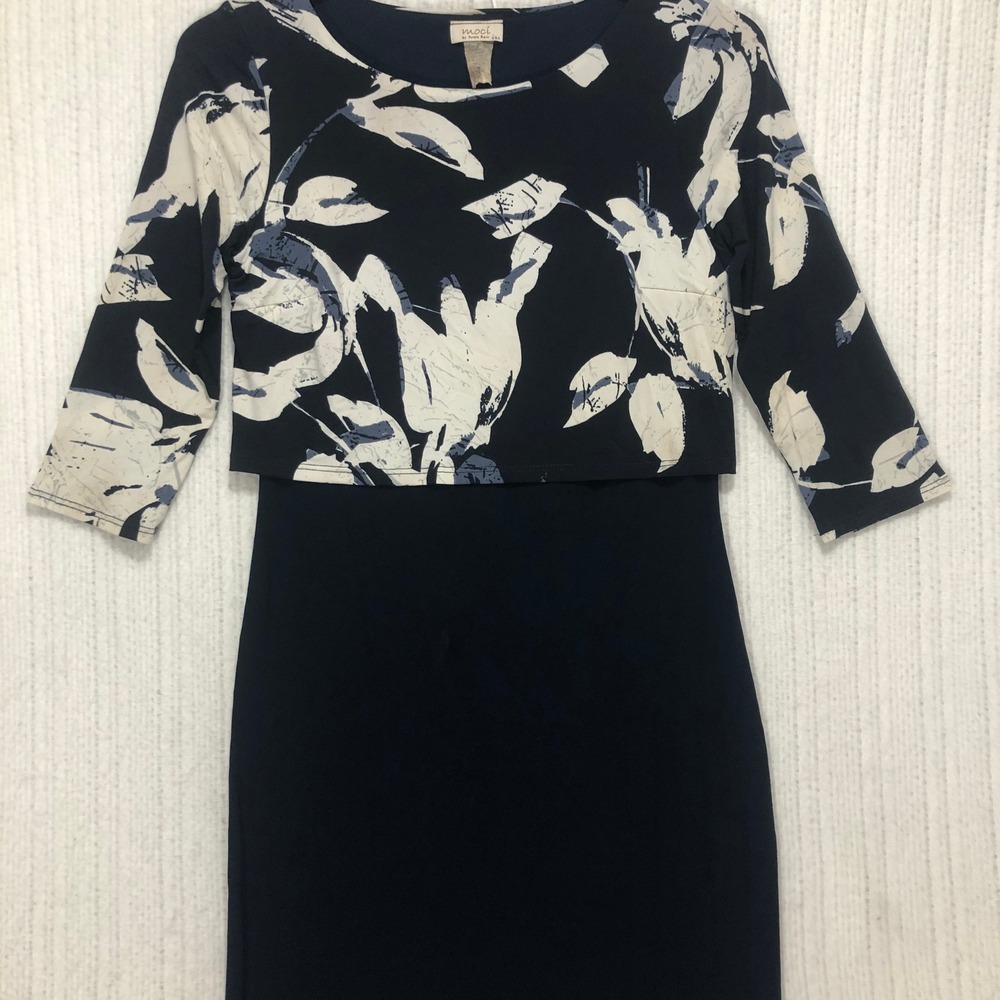 Moci by Purple Rain Navy Blue Floral Layered Sheath Dress 3/4 Sleeve Size M